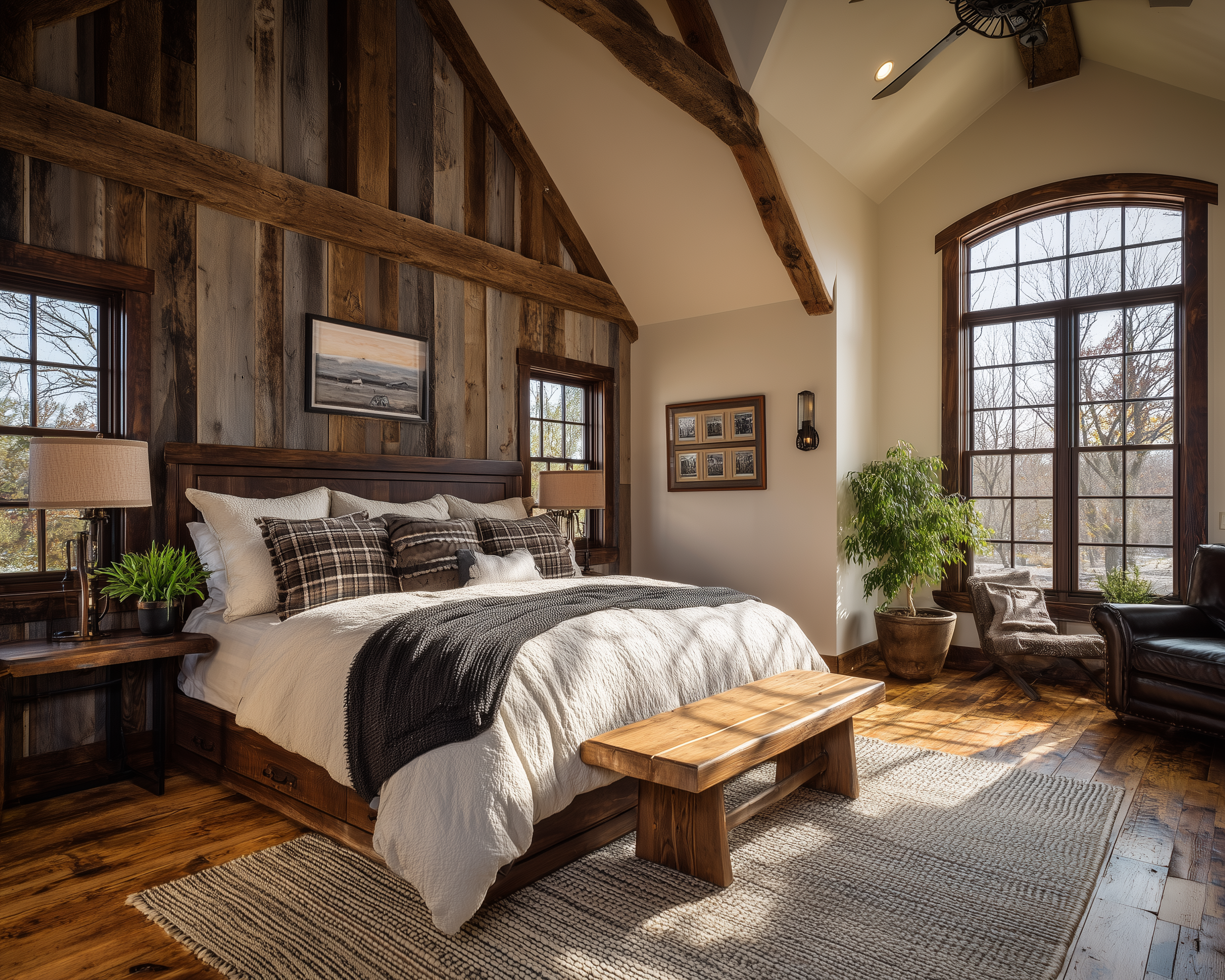 Traditional barn-style master bedroom with vaulted ceiling